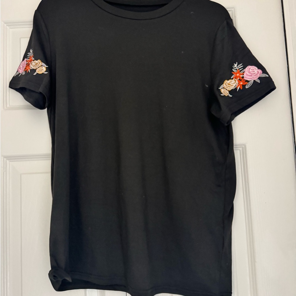 Floral Embroidered Black Tee - Picture 2 of 5